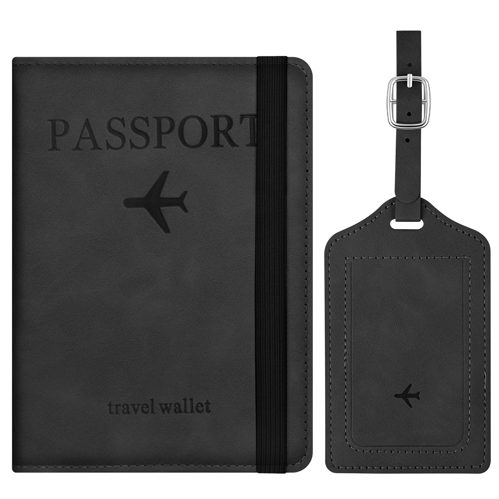 APXEL Passport Cover and Suitcase Tag Set, PU Leather Passport Covers with Suitcase Tag, Portable Universal Travel Wallet Case Organiser for Money Boarding Passes Credit Cards (Black)