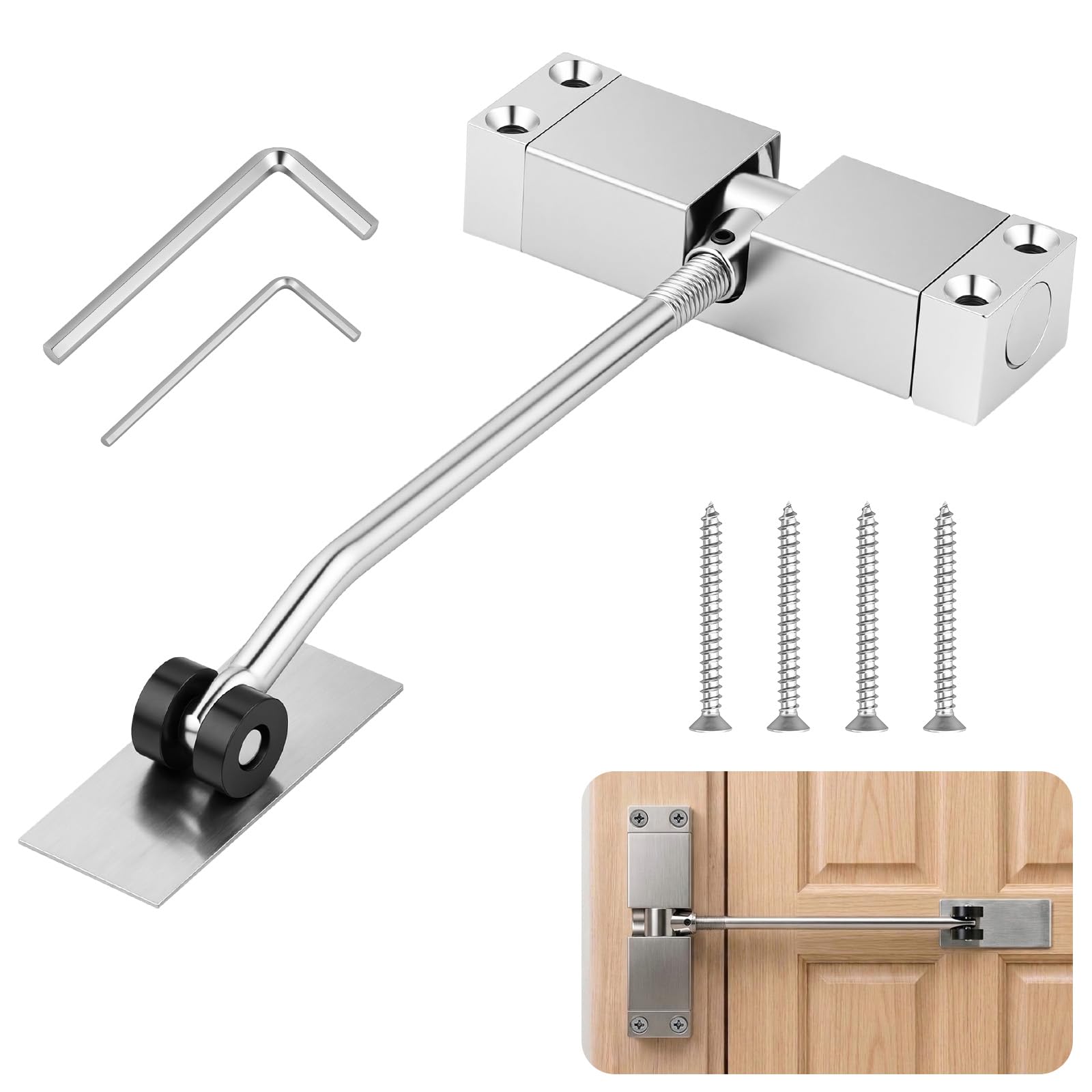 APXEL Spring Door Closer, 2pcs Safety Automatic Door Closer with Adjusting Rod and Screws, Adjustable Spring Closer Doors Stopper for Commercial & Home Use Weights 20-40kg (Silver)