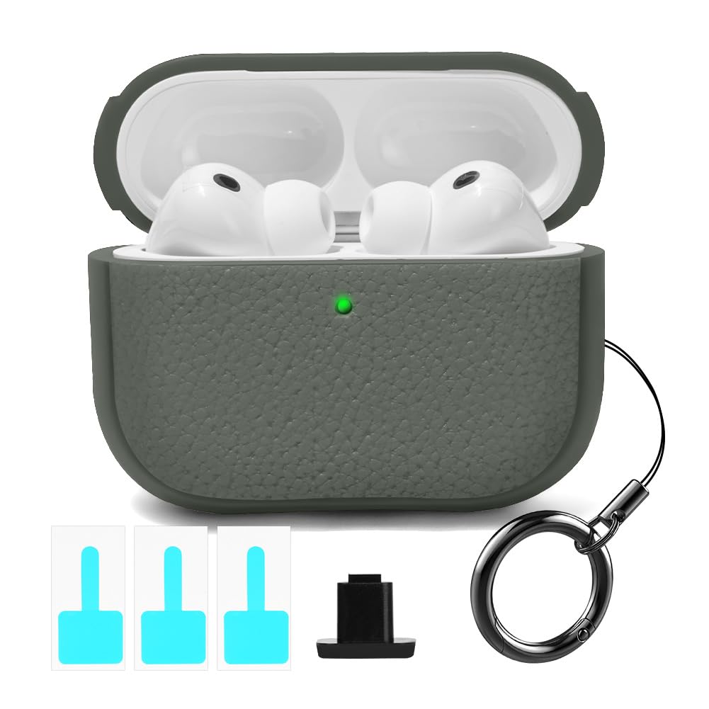 APXEL Compatible with AirPods Pro 3 Case (2025), Leather Texture TPU Shockproof Protective Case Cover with Keychain for Airpods Pro 3nd Generation, LED Visible, Support Wireless Charger-Gray