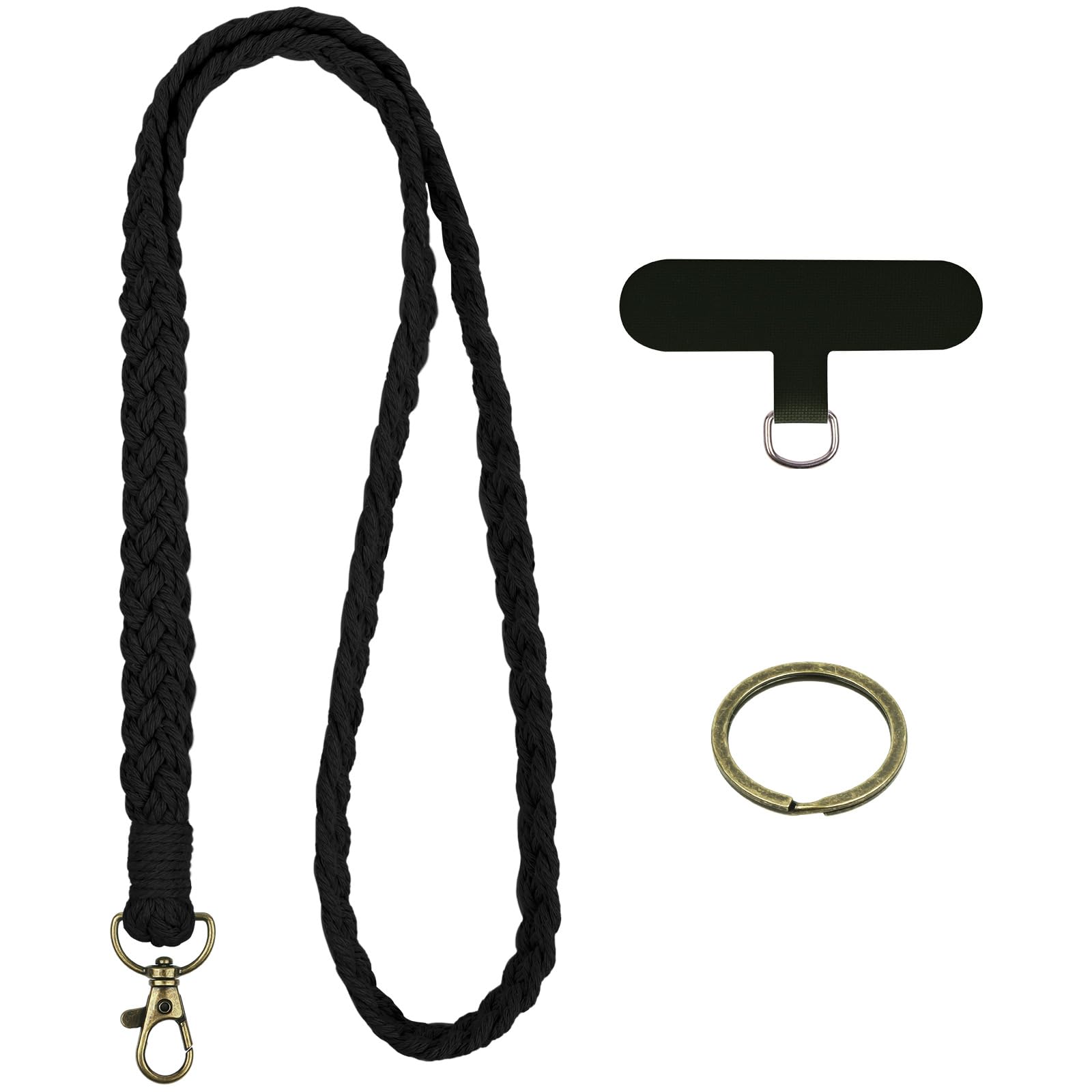 APXEL Lanyard Neck Strap, Handmade Braided Neck Lanyard, Phone Strap with Durable Patches, Badge Lanyards with Metal Key Rings for ID Badge Holder Keys Phone (Black)