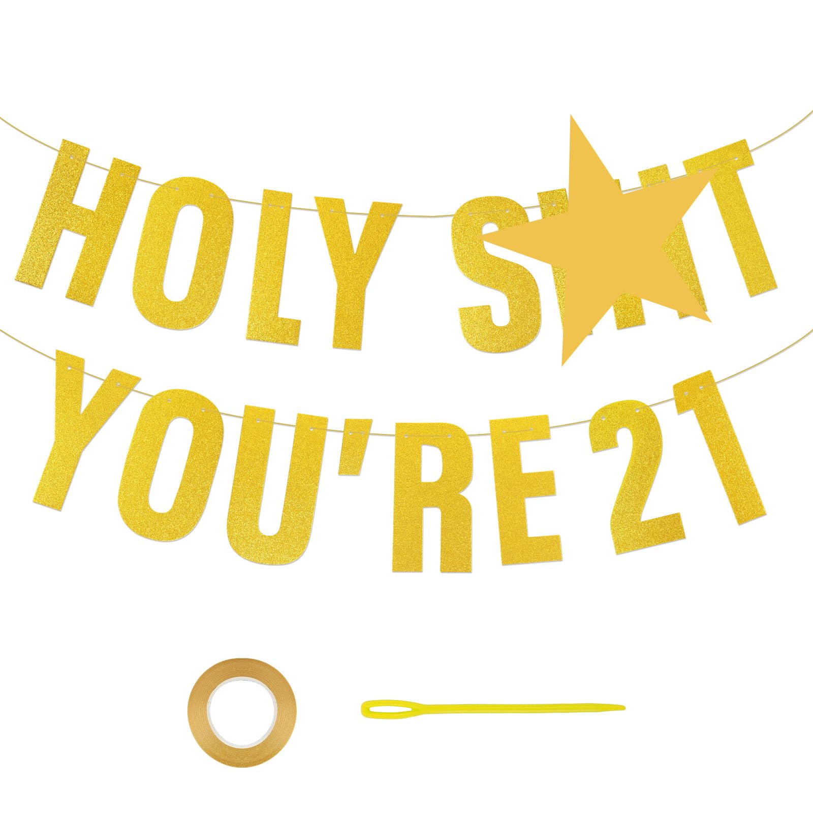 APXEL Happy 21th Birthday Banner, 21th Birthday Decorations for Him Her, Gold Glitter Banner Holy Shit You're 21 Party Decoration Funny Party Supplies Women Men