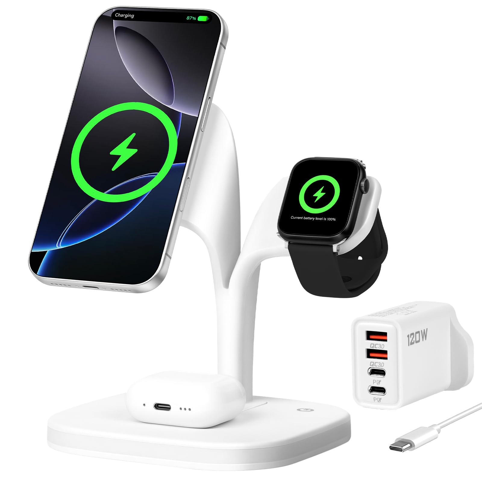 APXEL 3 in 1 Wireless Charging Station for Apple, MagSafe Wireless Charger Magnetic Charging for iPhone 17/Air/16/15/14/13/12 Series, Earphone Pro 4/3/2, Apple Watch Series/Ultra (with 120W Charger)