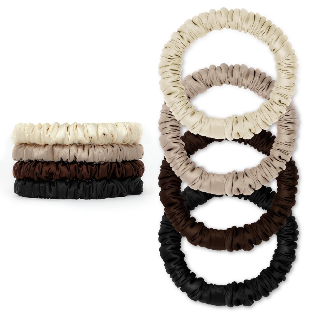 APXEL Silk Satin Scrunchy, 4PC Mulberry Silk Skinny Elastic Scrunchies, Hair Ties Hair Bands Ponytail Holders Hairs Accessories No Damage (Black, Brown, Champagne, Apricot)