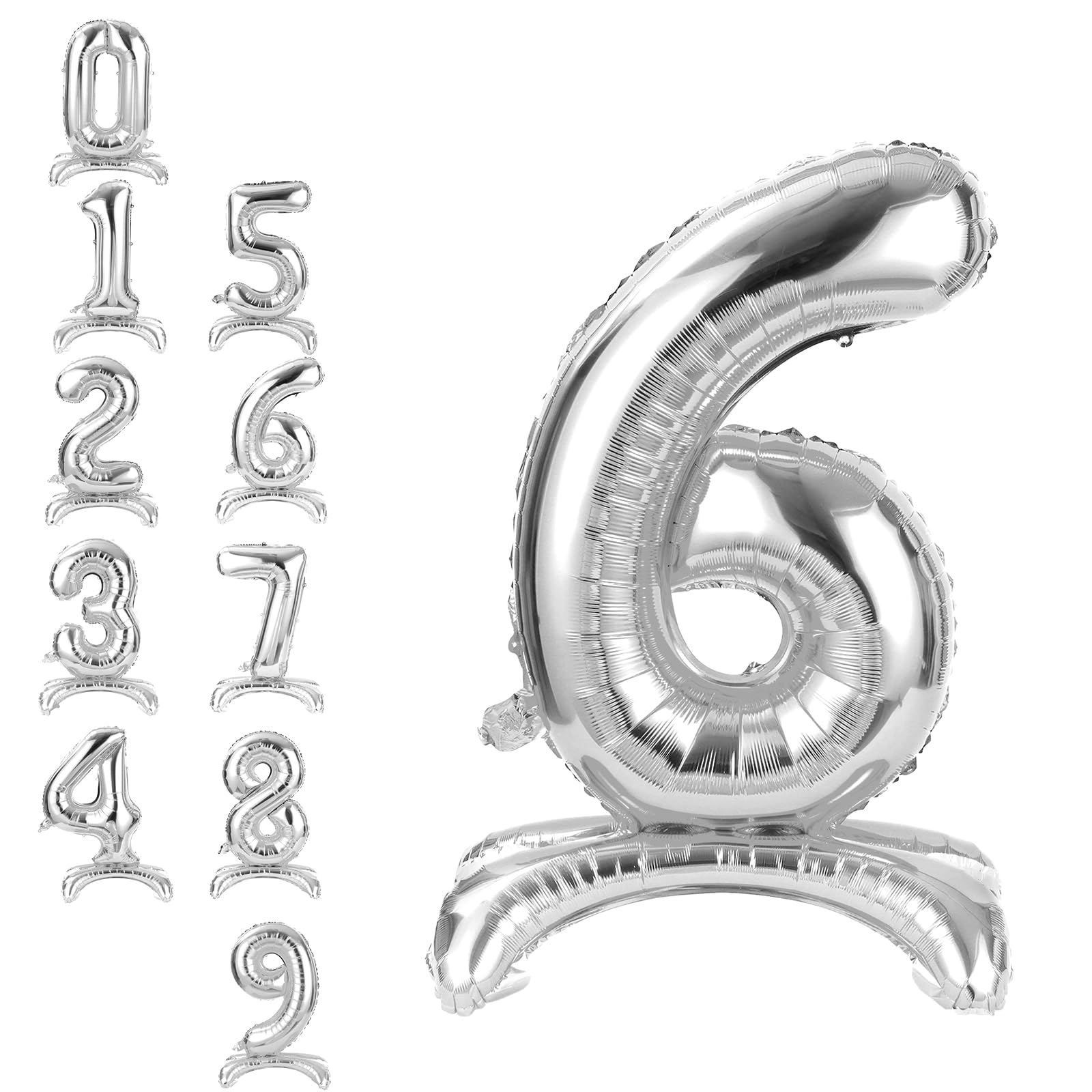 APXEL Silver Standing Number 6 Balloons, 40 Inch Large Foil Number 6 Balloons, Self Inflating 6th Birthday Balloon for 6 Year Anniversary Birthday Party Christmas Decorations Supplies