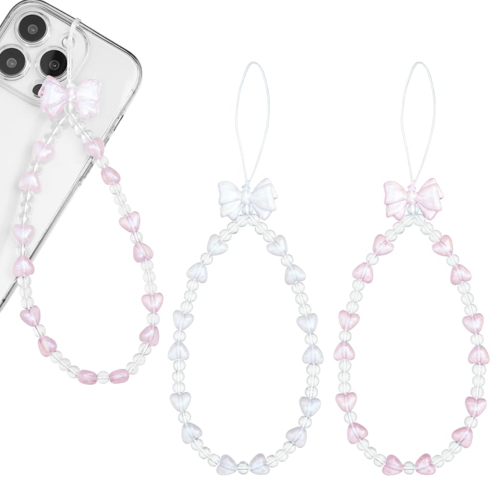 APXEL 2 Pack Phone Charm Set, Cute Sparkling Crystal Bowknot Love Beaded Charms Lanyard, Anti- Lost Charm Wrist Strap Phone Lanyard Wrist Strap Keychain for Wallet Handbag Camera Cell Decoration
