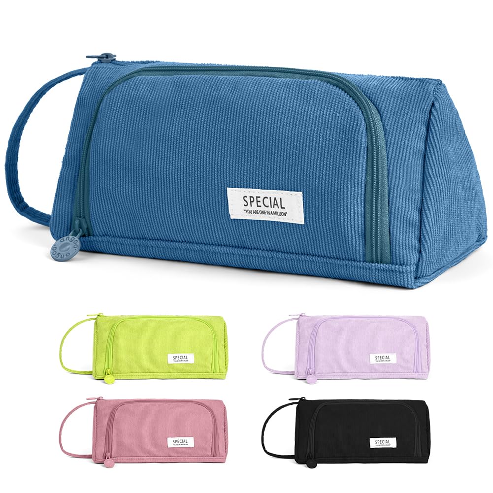 APXEL Large Capacity Pencil Case 2 Compartment, Corduroy Pencil Pouch, Portable Pen Bag with Handle, Portable Makeup Bag Stationery Pouch for Teenage Boys Girls School College (Blue)