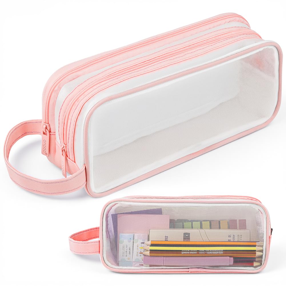 APXEL Clear Mesh Pencil Case Pink, 2 Compartment Pen Bag, Practical Multifunction Pencil Pouch, Transparent Makeup Bag for Teen Student College Business Travel Office Adult