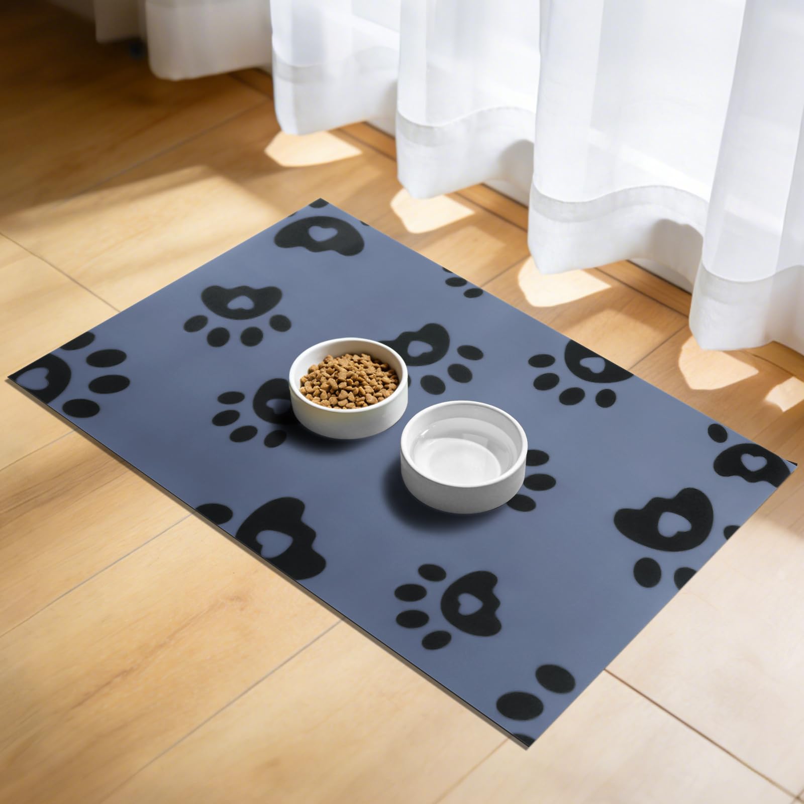APXEL Pet Feeding Mat 30x50cm, Absorbent Dog Placemat for Food and Water Bowl, Rubber Backing Waterproof No Stains Quick Dry Non Slip Cat Food Bowl Mats, Multiple Paws (Blue)