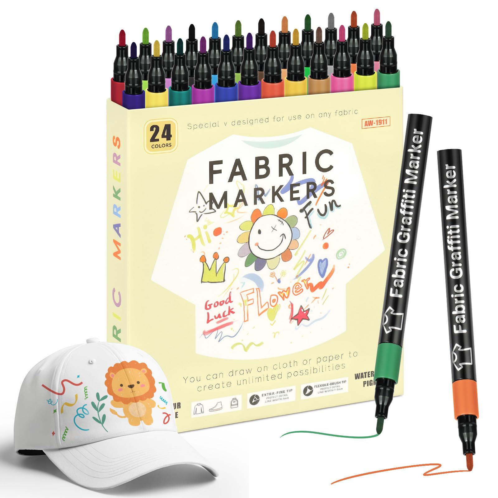 APXEL 24 Fabric Markers Pens, 21 Color Non Toxic Indelible and Permanent Fabric Paint, Fine Point Textile Marker Pen for Clothes Tshirt Plain Tote Bags Canvas Shoe Adults kids Crafts Kit