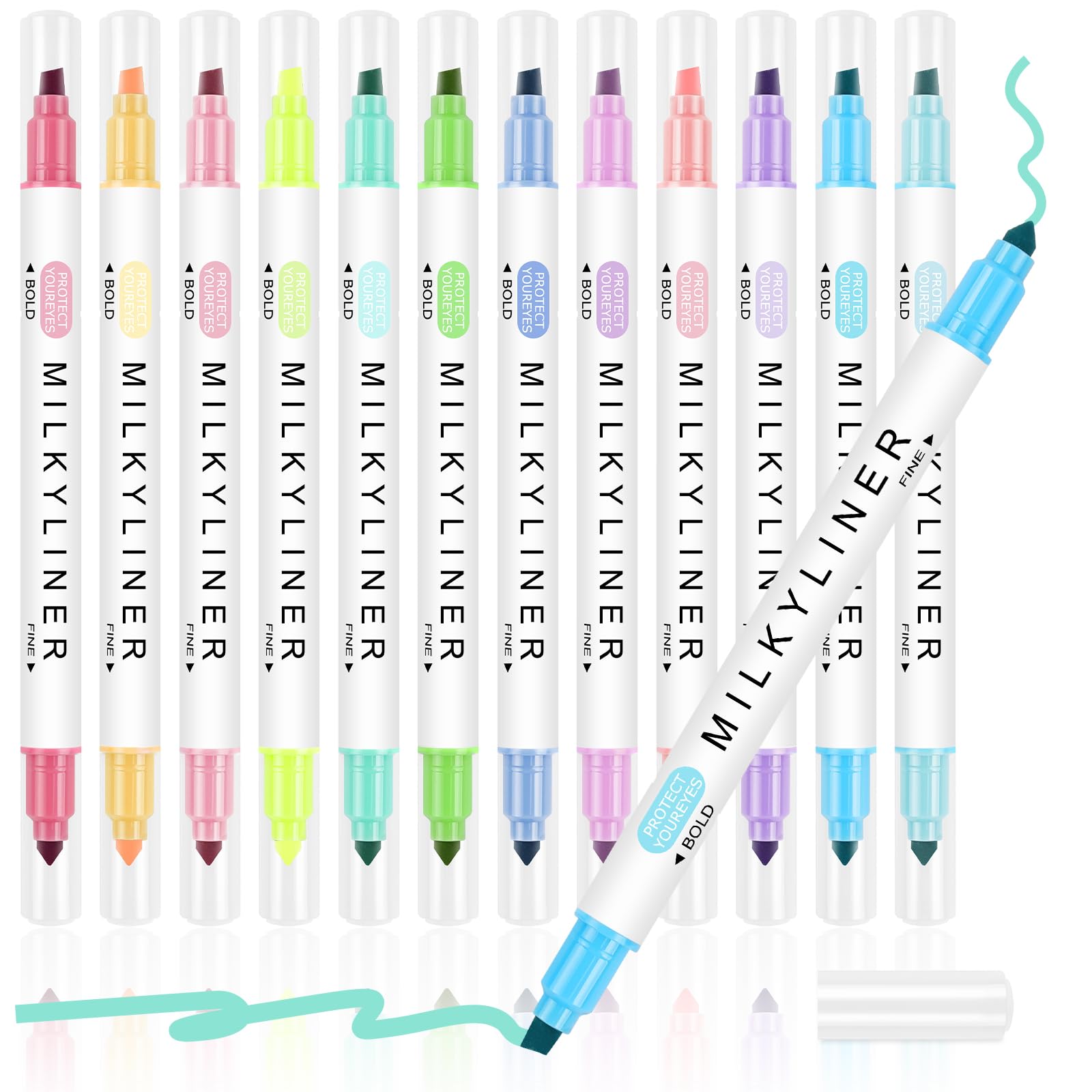APXEL Dual Tip Fluorescent Highlighter Pens, 12 Colors Mild Highlighters, Quick Dry Broad & Fine Tip Markers & Highlighters for Adults & High School Students Stationary Supplies (Macaron)