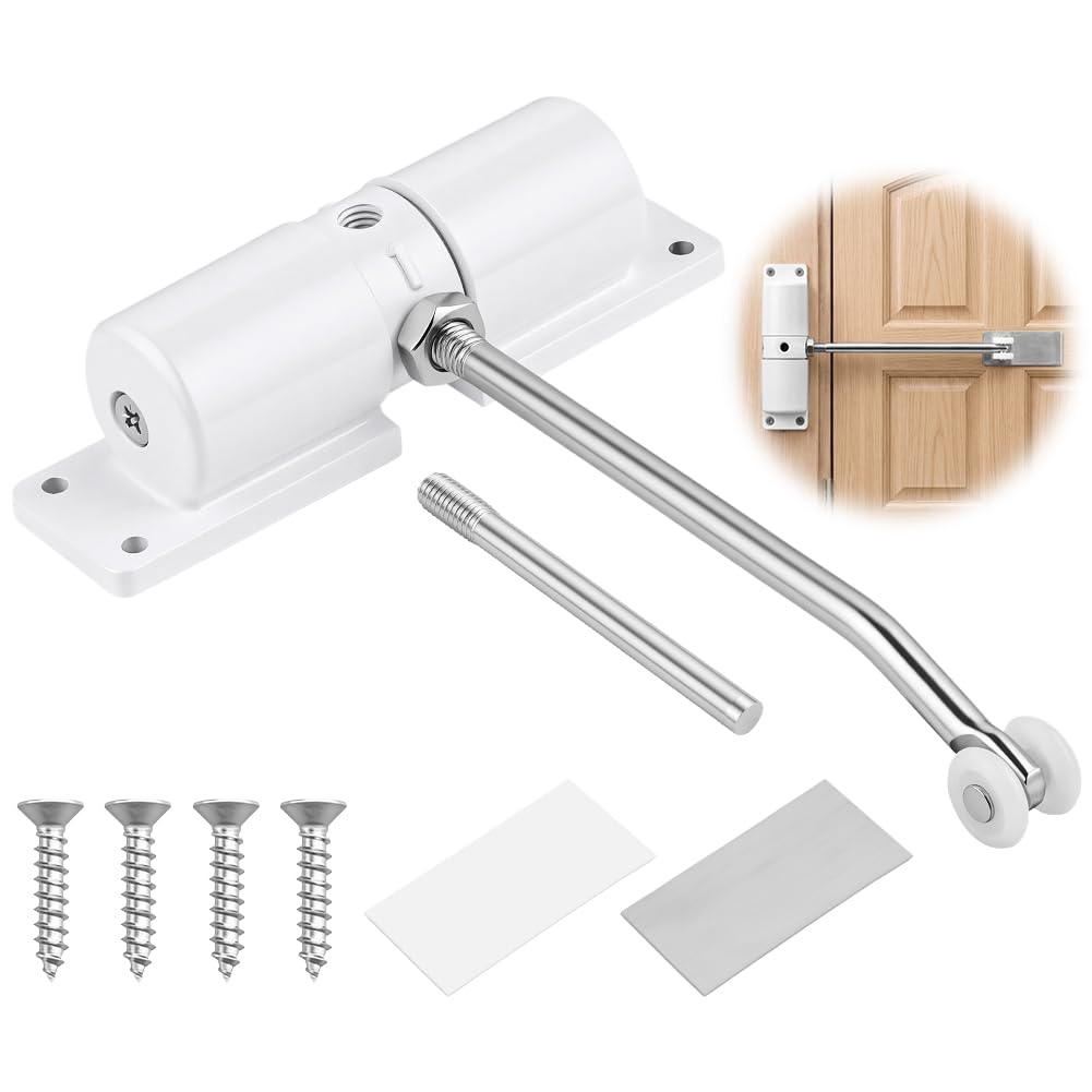 APXEL Spring Door Closer, Safety Automatic Door Closer with Adjusting Rod and Screws, Adjustable Spring Closer Doors Stopper for Commercial & Home Use Weights 20-40kg (White)