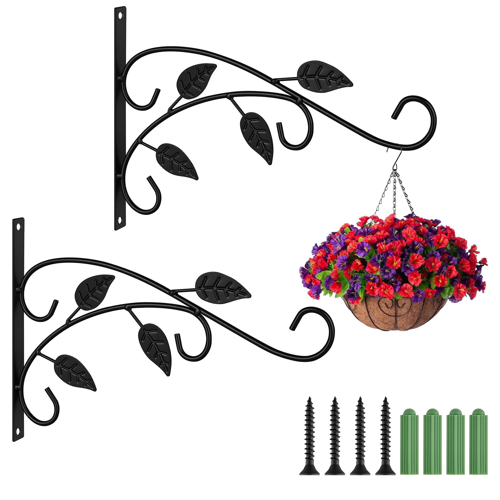 APXEL 2 Pack Hanging Basket Bracket with Screws, Outdoor Plant Hanging Bracket, Black Rustproof Iron Wall Mounted Hook for Plants Lanterns Bird Feeders Wind Chimes Light Flowers