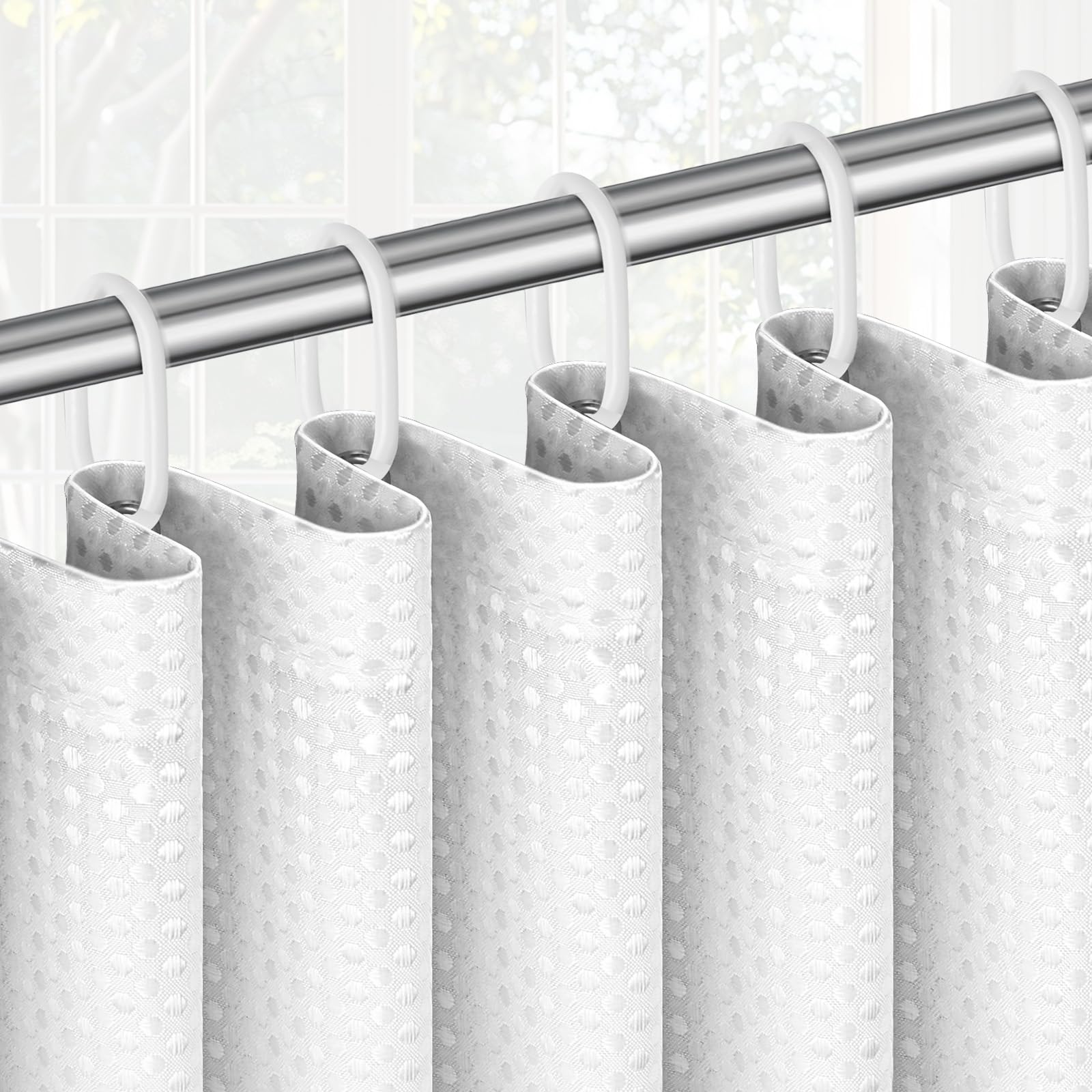APXEL White Waffle Shower Curtain, Mould Proof Waterproof Fabric Wet Room Shower Curtains, Heavy Duty Washable Bathroom Curtain Set with 12 Plastic Hooks (180 x 180cm Drop)
