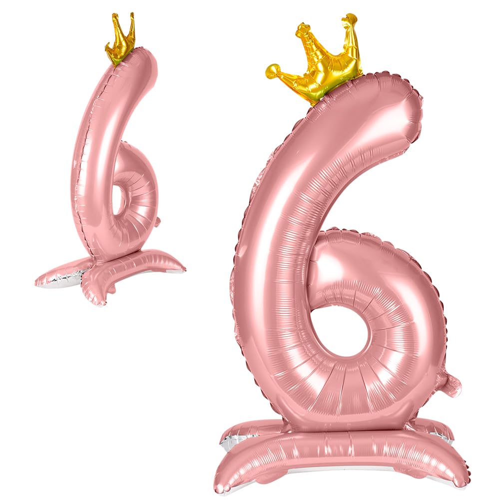 APXEL Pink Standing Crown Number 6 Balloons, 42 Inch Large Foil Number 6 Balloons, Self Inflating 6th Birthday Balloon for 6 Year Anniversary Birthday Party Christmas Decorations