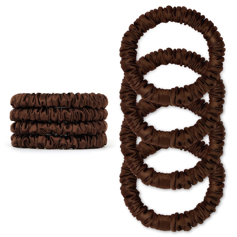 APXEL Silk Satin Scrunchy, 4PC Mulberry Silk Skinny Elastic Scrunchies, Hair Ties Hair Bands Ponytail Holders Hairs Accessories No Damage (Brown)