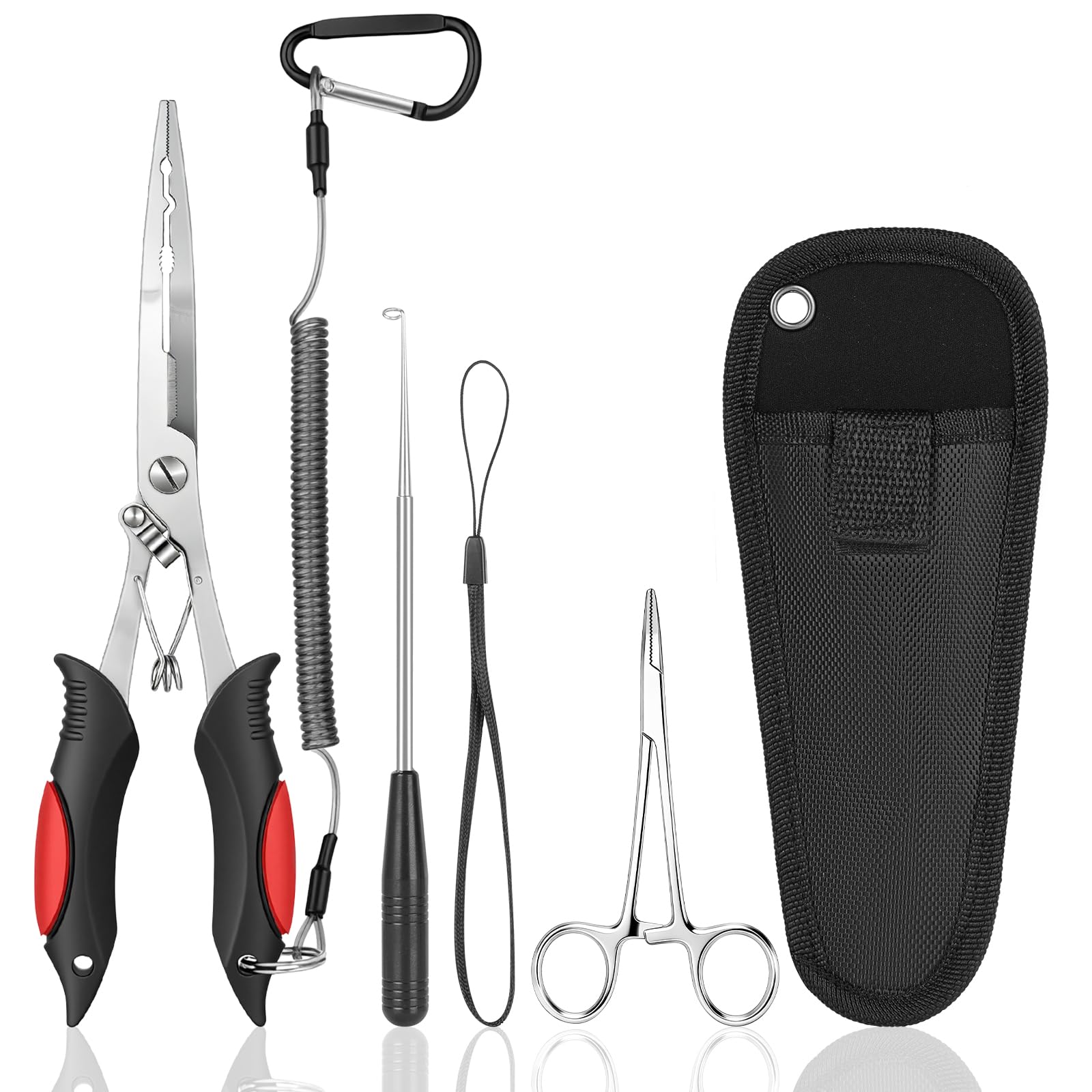 APXEL 5Pcs Portable Fishing Pliers Set with Lanyard Sheath, Include Multi Pliers Tool, Curved Fishing Forceps, Disgorger Fishing for Removing Hooks & Split Rings, Fishing Gift for Men