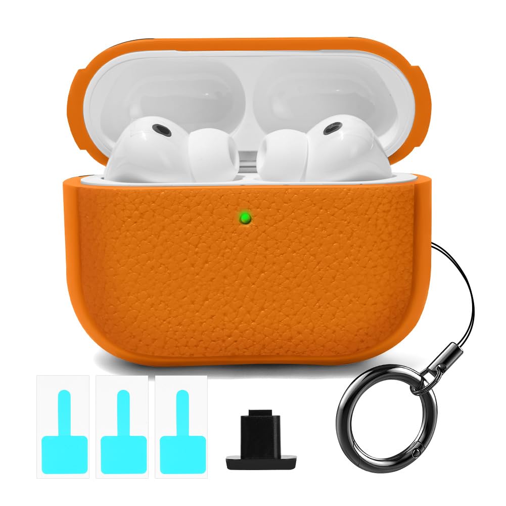 APXEL Compatible with AirPods Pro 3 Case (2025), Leather Texture TPU Shockproof Protective Case Cover with Keychain for Airpods Pro 3nd Generation, LED Visible, Support Wireless Charger-Orange