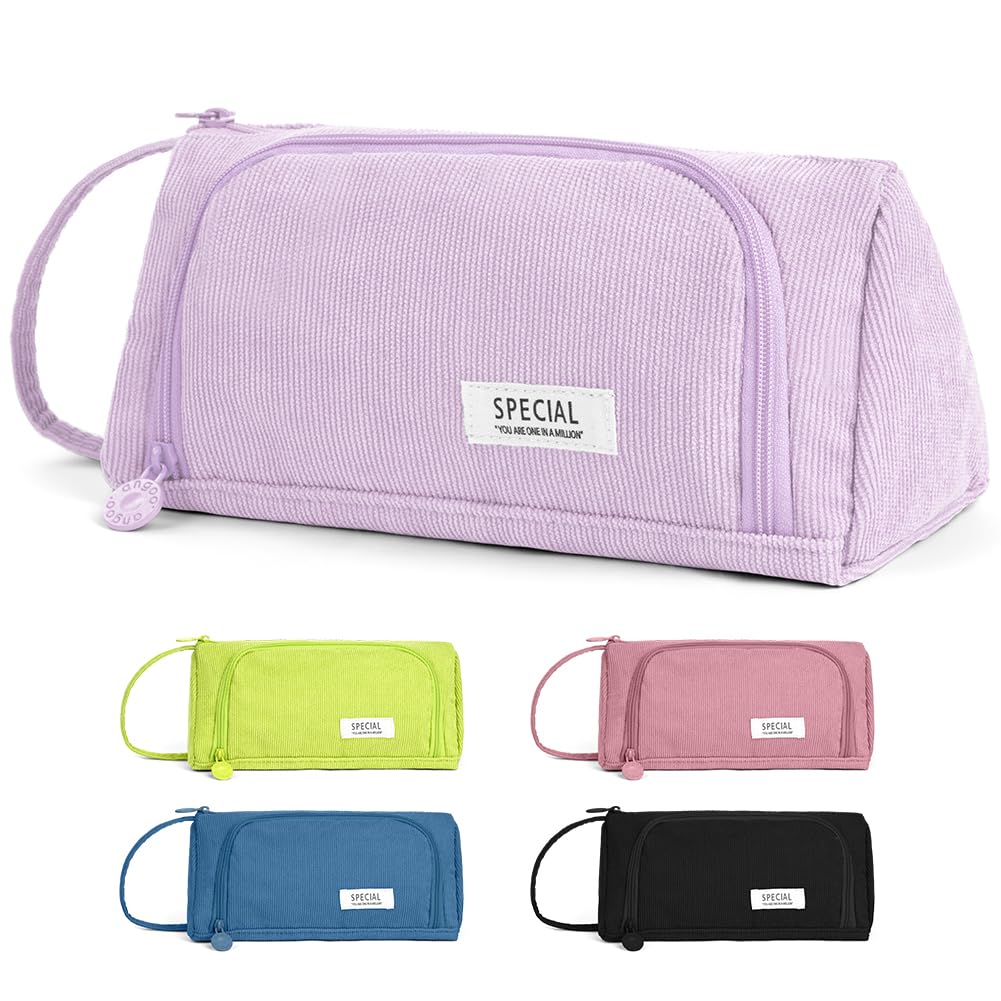 APXEL Large Capacity Pencil Case 2 Compartment, Corduroy Pencil Pouch, Portable Pen Bag with Handle, Portable Makeup Bag Stationery Pouch for Teenage Boys Girls School College (Purple)