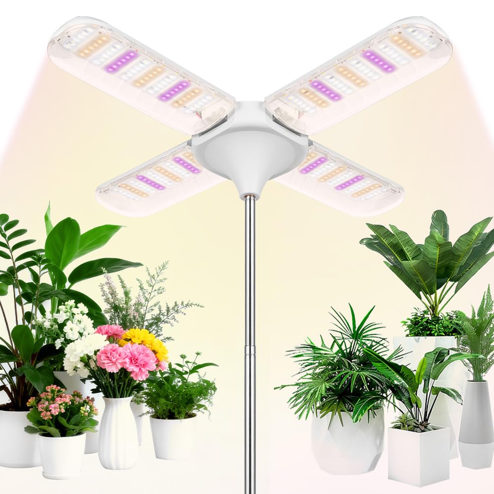 APXEL Grow Lights for Indoor Plants, 240 LEDs 4 Heads Full Spectrum Plant Light with Plug, 3 Color Modes Grow Lamp, 3/9/12 Timer, 10 Level Dimmable, 35-170cm Adjustable Height [Energy Class F] [Energy Class F]